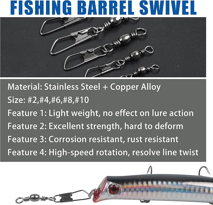 Barrel Swivel Snaps,50/100pcs Fishing Swivel Safety Snaps Stainless Steel Copper Swivel Fishing Multiple Size Black/Gold Fishing Swivel Snaps for Saltwater Freshwater