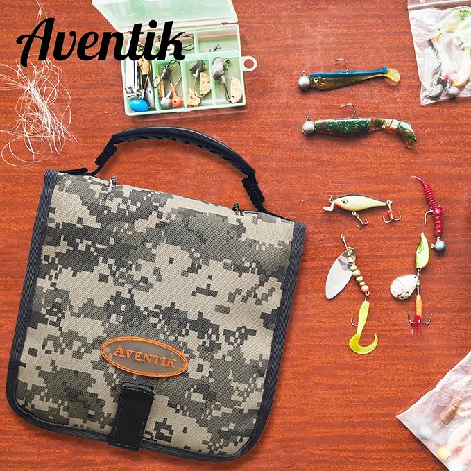 Aventik Fishing Tackle Binder Soft Cover Fishing Bait Organized Storage Rig Bag Soft Bait Binder Saltwater Resistant Fishing Bag 8.5x8.5x1.1inch(Camouflage)