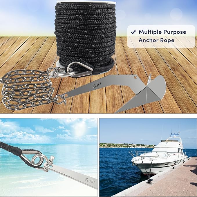 Anchor Rope 100 ft x 3/8 inch Black, Double Braided Anchor Line with Stainless Steel Thimble & Shackle, Boat Rope with Reflective Strip Ideal for Towing,Mooring,Anchoring,for Boats Up to 27'