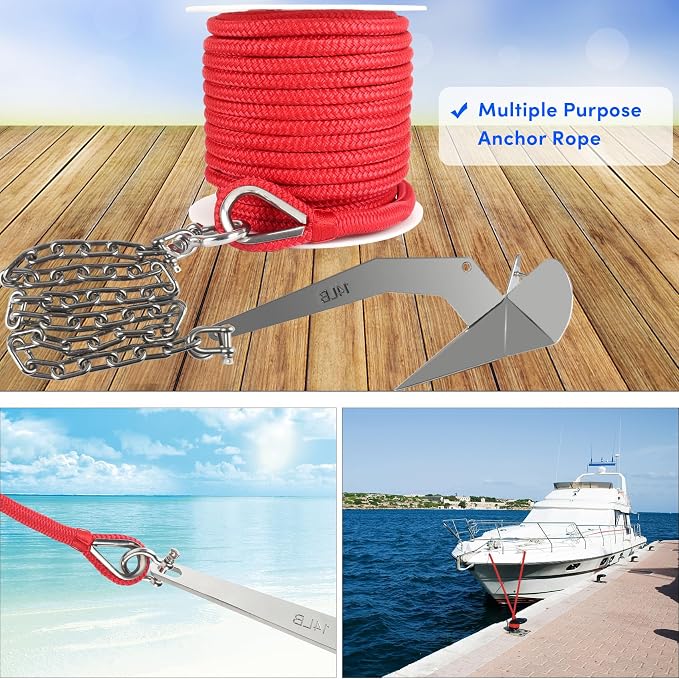Boat Anchor Rope 100 ft x 1/2 inch Red, Double Braided Anchor Line with Stainless Steel Thimble & Shackle, Marine Rope Ideal for Towing,Mooring,Decks,Anchoring,for Boats Up to 35'