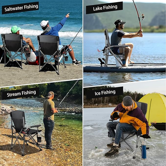 Fishing Chair with Upgraded 360° Adjustable Rod Holder, Folding Ice Fishing Chairs for Adults, Portable Camping Chair with Side Pocket Cup Holder for Outdoor Sports Garden Beach Lawn Picnic