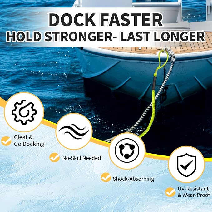 2-Pack Bungee Dock Lines for Boats with Loops, Boat Tie Downs for Docking, Adjustable Boat Mooring Rope for Pontoon, Jon Boat & PWC (Fluorescent Yellow, 4 FT)