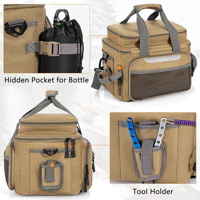 Fishing Tackle Bag - Holds 3400-3600 Size Tackle Boxes -Saltwater & Freshwater Fishing Bags - Padded Shoulder Strap Fishing Bags (Kahki) (Bag Only)