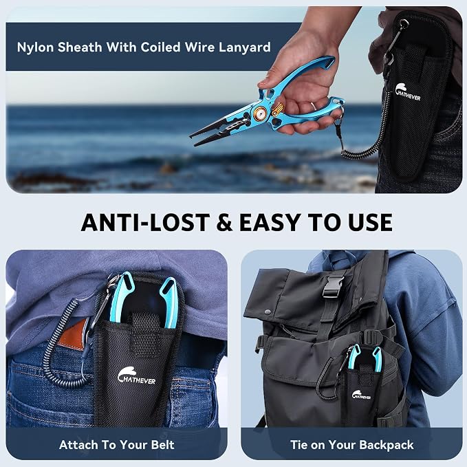 Fishing Pliers Hook Remover, Saltwater Split Ring Pliers with Safety Lock, Fishing Gear with Sheath and Lanyard, Fishing Gifts for Men