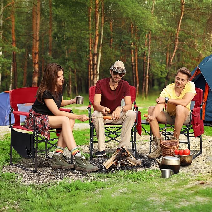 VINGLI Camping Chairs, Directors Chair, Camping Chair with Side Table & Carry Bag,Heavy Duty Camping Chairs for Adults,Portable Folding Camping Chair 2 Pack, for Beach, Fishing,Trip,Picnic,Lawn-Red