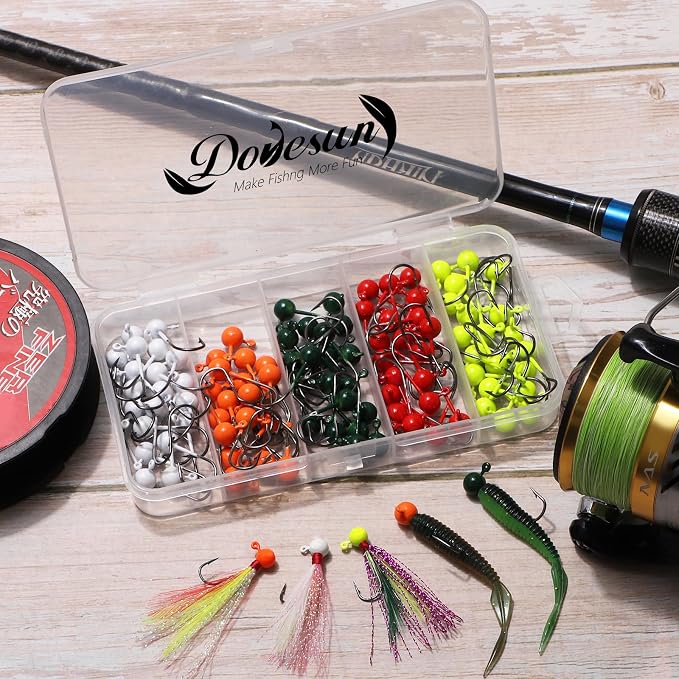 Dovesun 100pcs Fly Tying Jigs Kit, Jig Heads for Fly Fishing 1/124oz 1/80oz 1/64oz 1/32oz 1/16oz Jig Head Small Fly Fishing Hooks DIY Lure Making Kit Suit for Tying Flies | Crappie Lures
