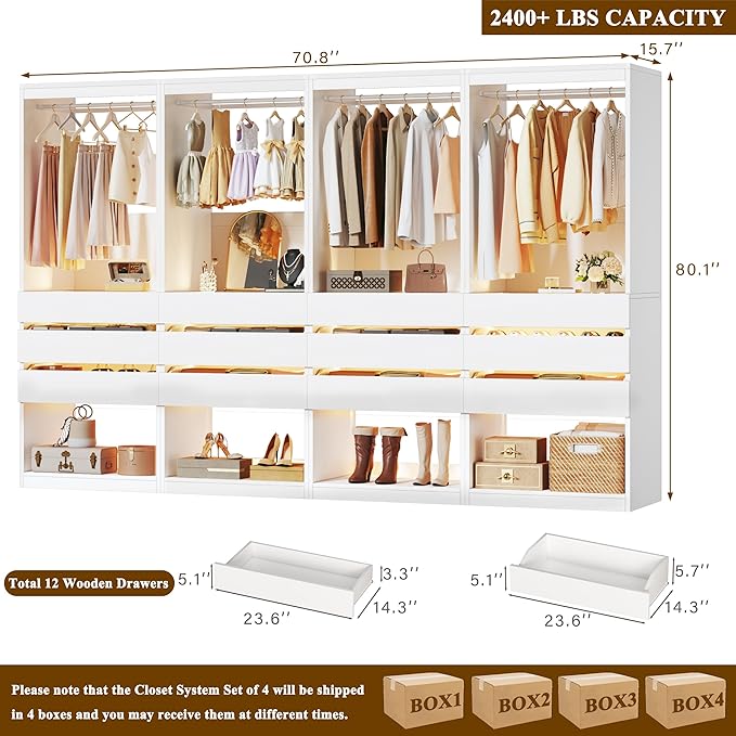 Freestanding Closet System Set of 4, 8FT Closet Organizer System with 12 Wood Drawers & Glasstop, 96" Closet Systems with Hanging Rod & LED Light, Large Walk-in Closet, White (96"L x 16" W x 80" H)