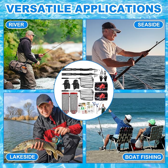 Father's Day Telescopic Fishing Rod Kit, 6.89ft/5.91ft 2 Pcs Collapsible Rod for Him with Landing Net, Tackle Bag, Gloves, Lures, Pliers, Gift for Dad for Saltwater Freshwater Fishing