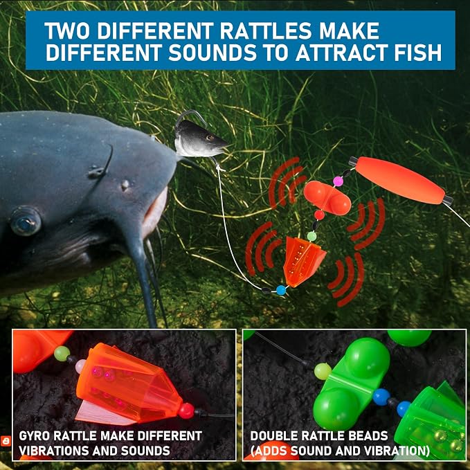 3Pcs/6Pcs Catfish Fishing Rigs Ready Kit,2 in 1 Rotating rattles/Double Rattles Beads, Float Rigs Tackle Santee Rig Peg Catfish,Free Adjustment in freshwter and Saltwater
