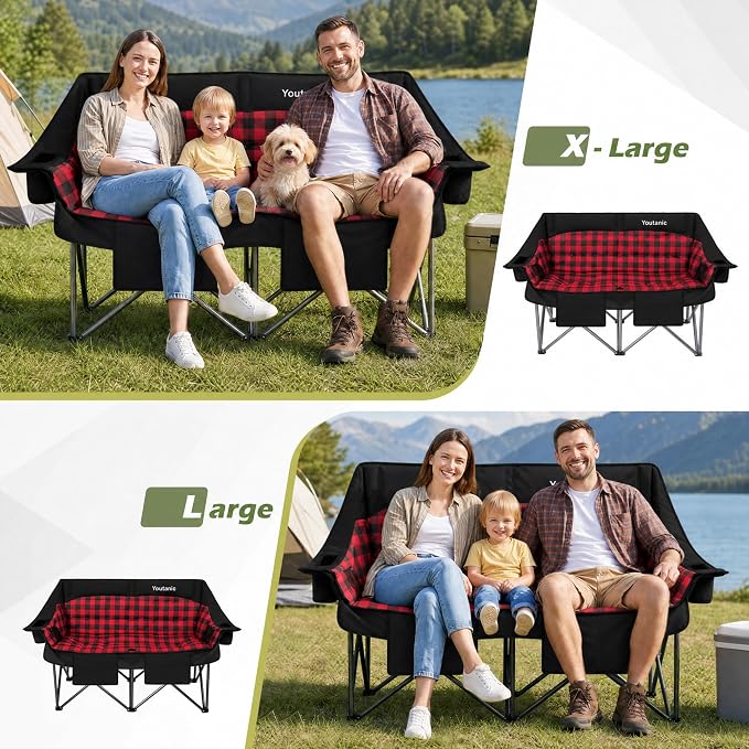 Youtanic 60" Extra Double Camping Chair, 700lbs Heavy Duty Padded Loveseat for Adults, Oversized 2 Person Folding Camp Couch with Dual Cup Holders, Portable Plaid Lawn Chair for Outside, Sports, Red