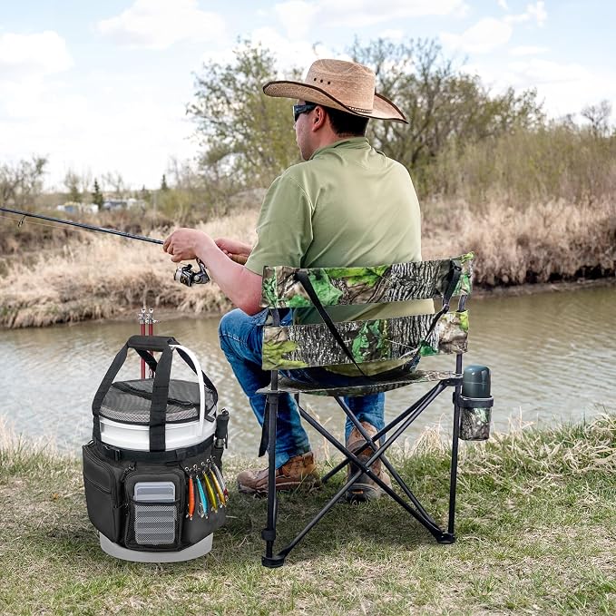 Fishing Bucket Organizer with Bucket Cover Fishing Tackle Bag with Rod & Plier Holder, Multi-Pockets for 5 Gallon Bucket Fishing Gear & Accessories Father Gifts