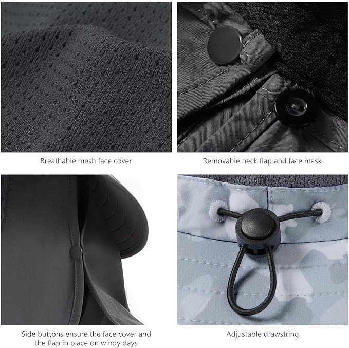 BASSDASH UPF 50+ Breathable Sun Hat with Removable Face Cover and Neck Flap Wide Brim Bucket Hat for Fishing Hiking Men Women