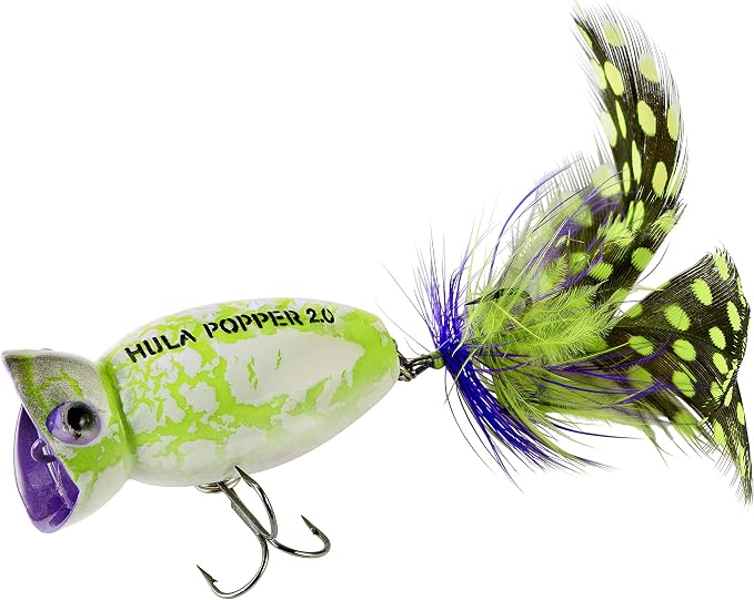Arbogast Hula Popper 2.0 Topwater Fishing Lure with Feathered Treble Hook and Crackle Pattern Body