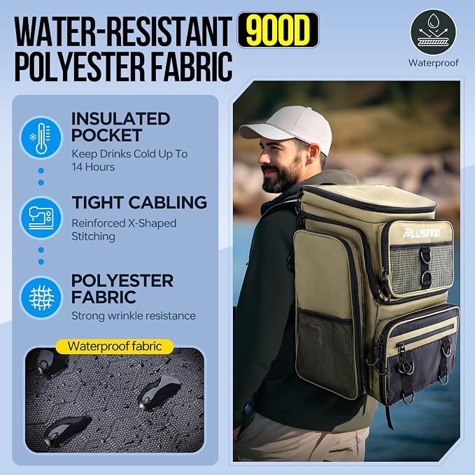PLUSINNO Fishing Backpack with Rod Holders, 42L Large Water-Resistant Tackle Bag for Fishing, Camping, Hiking, Gifts, Khaki (4 Tackle Boxes Included), 36,6 x 25,4 x 45,7 cm, Sporty, functional