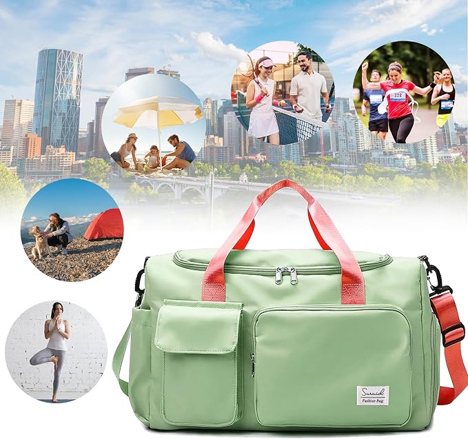 Suruid Travel Duffel Bag with Shoes Compartment Sports Gym Bag with Dry Wet Separated Pocket for Men and Women, Overnight Bag Weekender Bag Training Handbag Yoga Bag - Bright Green Pink