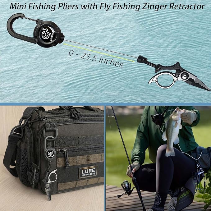 Mini Fishing Pliers with Zinger Retractor, Split Ring Pliers for Saltwater & Freshwater, Tungsten Carbide Braid Cutters & Hook Remover, Compact Multitool for Freshwater Fly Fishing,Bass Fishing