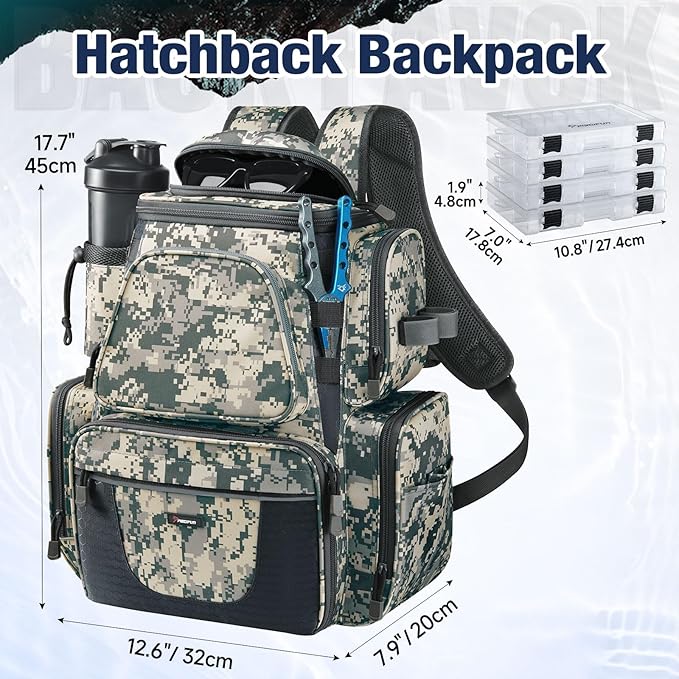 Piscifun Fishing Backpack with 2 Rod Holders & 4 Tackle Boxes, Large Tackle Storage Bag With Rain Cover for Fishing Gear