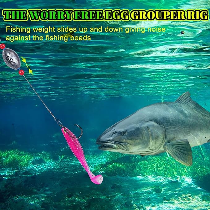 Pre-Rigged Carolina Rig Saltwater, Egg Sinker Grouper Rigs with 10 Circle Hooks, Stainless Steel Leader Fishing Wire, for Snapper Flounder Sea Bass Surf Fishing Bottom Rig