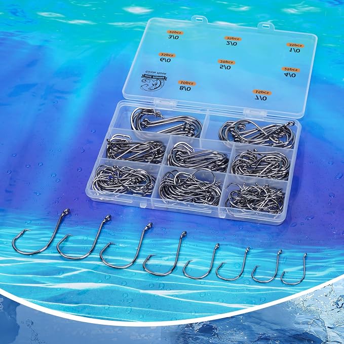 UCEC Circle Hooks Fishing Hooks 2X Strong Offset Circle Hooks Saltwater Black High Carbon Steel Octopus Catfish Fishing Hooks Fishing Gear Tackle 150pcs/ 240pcs - Size:#1 1/0 2/0 3/0 4/0 5/0 6/0 8/0