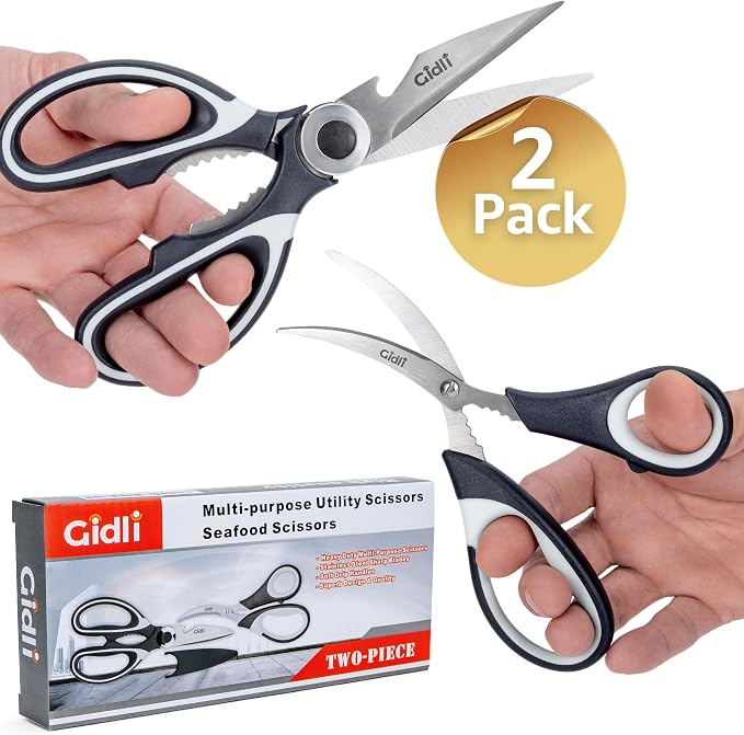 Kitchen Shears by Gidli - Liftime Replacement Warranty* - Includes Seafood Scissors As a Bonus - Heavy Duty Utility Stainless Steel All Purpose Ultra Sharp Scissors for Food/Cooking
