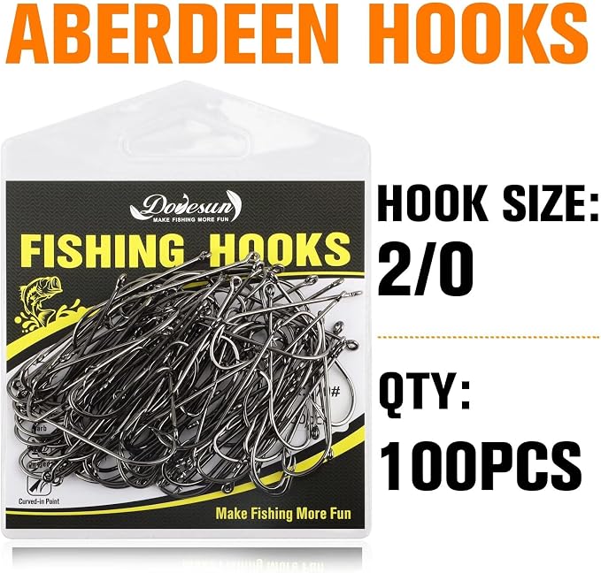 Dovesun Fishing Hooks Freshwater Aberdeen Fishing Hooks 100Pcs Long Shank High-Carbon Steel Worm Hooks Small Bass Trout Crappie 12# 10# 8# 6# 4# 2# 1# 1/0 2/0