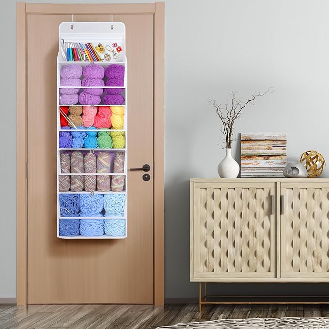 Univivi Hanging Yarn Storage Organizer with 5 Zipper Closure Compartments, Large Capacity Knitting Organizer Storage, Over the Door Hanging Yarn Holder for Knitting Needles,Crochet Hooks (Clear White)