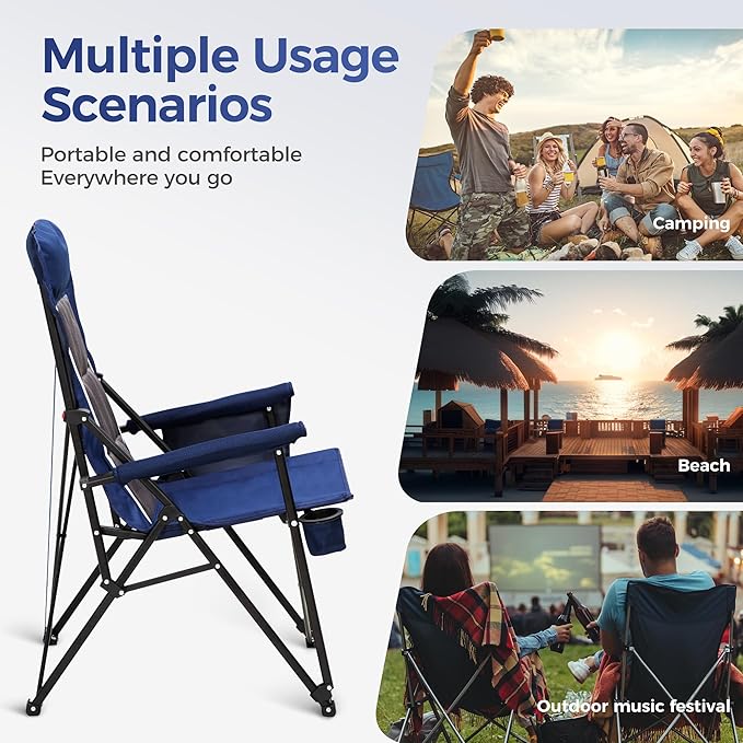 ALPHA CAMP Heavy Duty Camping Chairs with Cup Holder Oversized Folding Chair 500LBS Capacity Outdoor Chair with Headrest,Lawn with Side Pocket for Lawn, Sports and Fishing