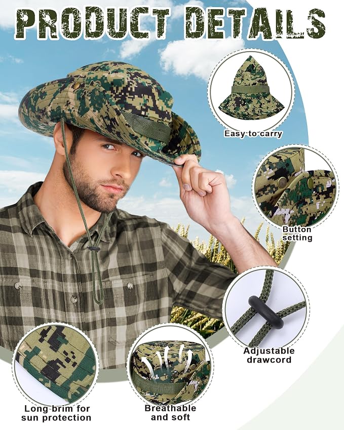 10 Pcs Wide Brim Boonie Hat Bucket Hats Camo Solid UV Sun Protection Fishing Hat for Men Women Hiking Safari Hunting