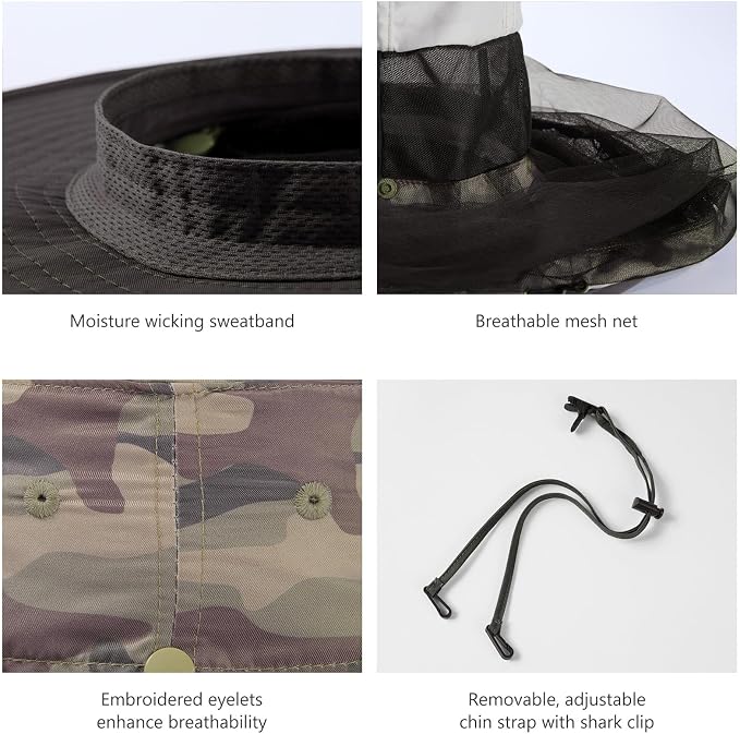 BASSDASH UPF 50+ Mosquito Sun Hat with Hidden Head Net and Neck Flap for Men Women Outdoor Fishing Hiking Camping
