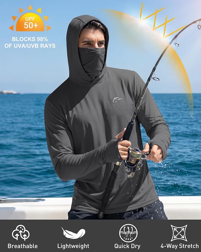 FISHEAL Men's Performance Fishing Hoodie Shirt - UPF 50+ Sun Protection Long Sleeve Thumbholes Shirts with Neck Gaiter