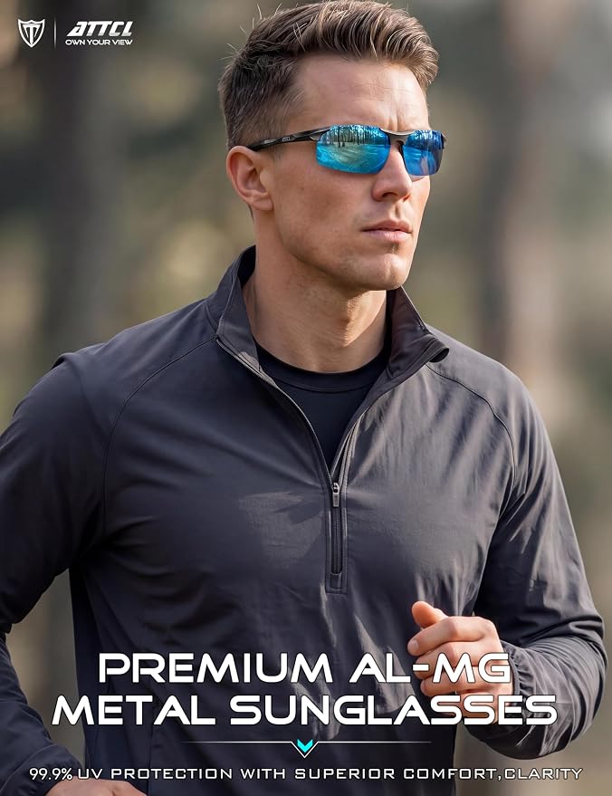 ATTCL 0.9 oz Polarized Sunglasses Men Sports: UV Protection Anti Glare Wrap Around Lightweight Metal Fishing Golf Running