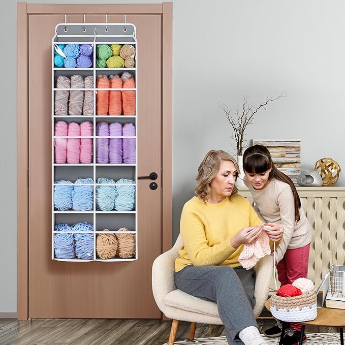 Univivi Over Door Hanging Yarn Storage Organizer, 5 Tiers Hanging Yarn Knitting Organizer with 10 Mesh Side Pockets for Crochet Accessories, Knitting Needles and Yarn Balls