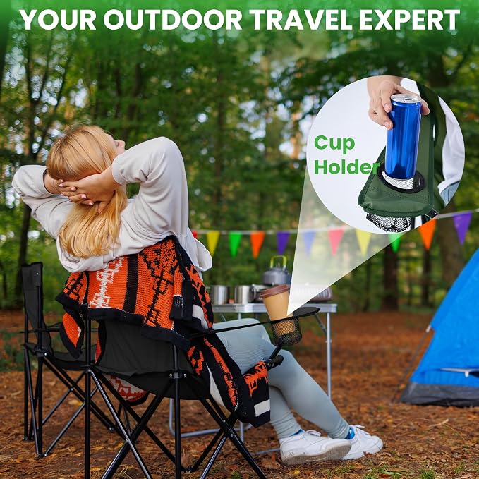 2 Pack Portable Camping Chairs Folding Lawn Chair Outdoor Lightweight Beach Chair with Cup Holder & Carry Bag for Outside Sports, Fishing, Hiking, Travel, Picnic, Backyard(Green