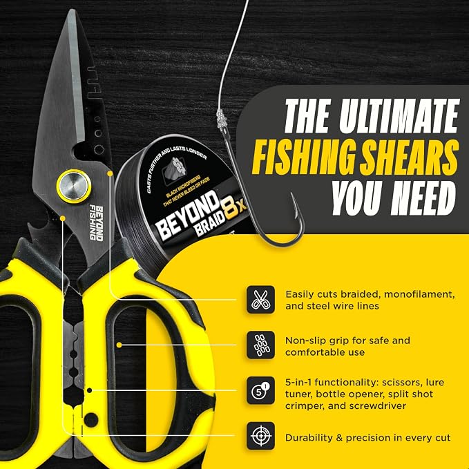 Beyond Fishing 6.5" Pro Fishing Shears Dual Serrated Blades, Fishing Braided Line Scissors with Titanium Coating, Non-Slip Grip & Multifunction Tool, Includes Hard Molded Locking Sheath