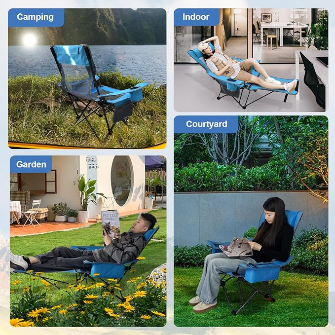 2-Pack Reclining Camping Chair 4 Position with Foot Rest Comfortable for Adults 265Ibs Folding Lounger Mesh Beach Chair with Cooler Bag and Cup Holder for Outdoor Patio