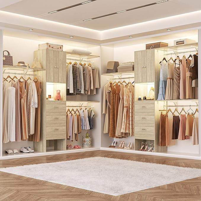 Armocity 96 Inches Closet System with Doors, 8FT Walk In Closet Organizer with 3 Shelving Towers, Heavy Duty Clothes Garment Rack with 3 Wood Drawers, 96"L x 16"W x 80"H, Max Load 1000 LBS, White Oak