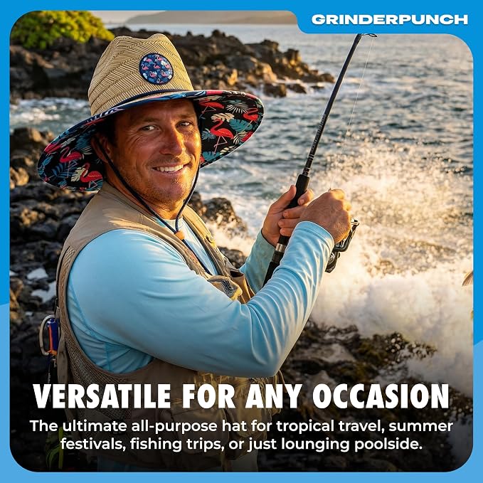 grinderPUNCH Lifeguard Hat Mens Straw Sun Hat for Outdoor American Flag USA Patriotic Straw Beach Fishing Straw Hat for Men