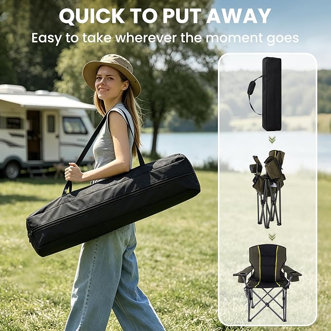 Portable Camping Chair for Adults Heavy Duty 450LBS Thick 600D Oxford Fabric, Waist Support Outdoor Oversized Camping Chairs with Cup Holder and Ice Bag for Sports, Fishing, Lawn (Black & Green)
