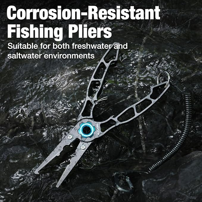 FLISSA Fishing Pliers, Safety Lock Design Fish Pliers Saltwater, Aluminum Hook Remover, Titanium 6Al-4V Jaw and Tungsten Carbide Line Cutters, Sheath & Lanyard, Fishing Gear Gifts for Men