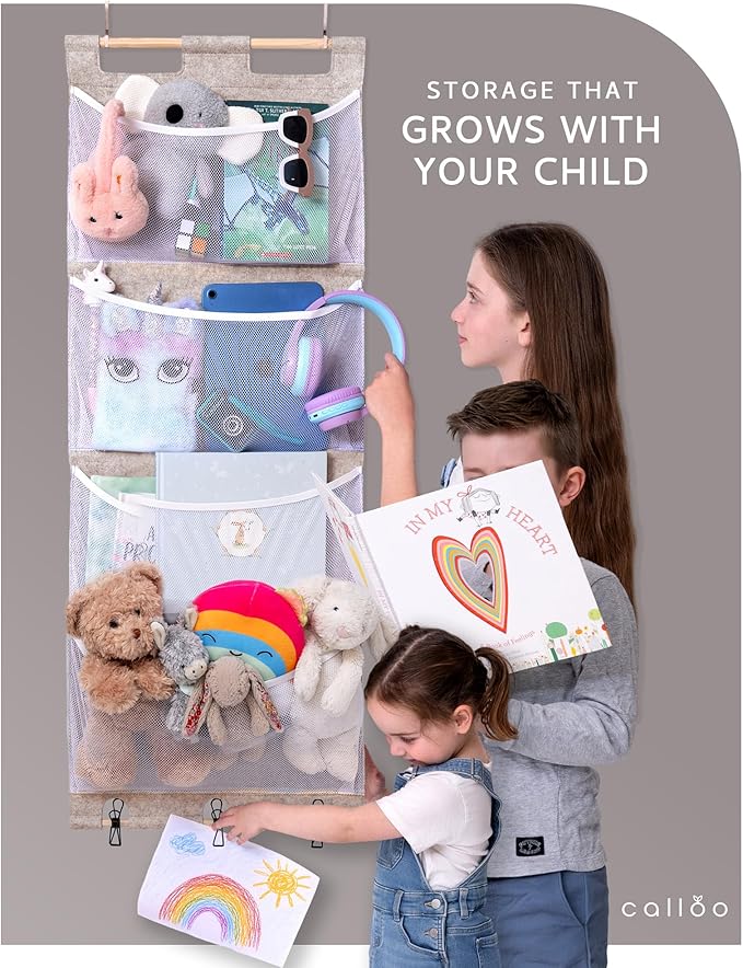 Over the Door Stuffed Animal Storage for Kids – Felt Organizer with Clips to Display Art and Mesh Pockets for Stuffies, Books and More – Space-Saving Hanging Design that Grows with your Child