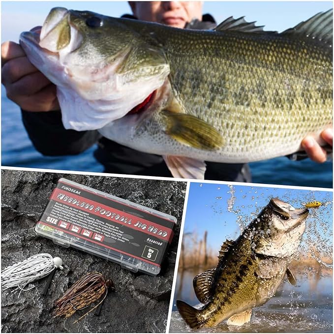 Weedless Football Jigs for Bass Fishing, Multi-Coloured Finesse Football Jig Heads with Vivid Hand-Tied Silicone Skirt and Weed Guard 1/4 3/8 1/2 3/4oz (Pack of 5)