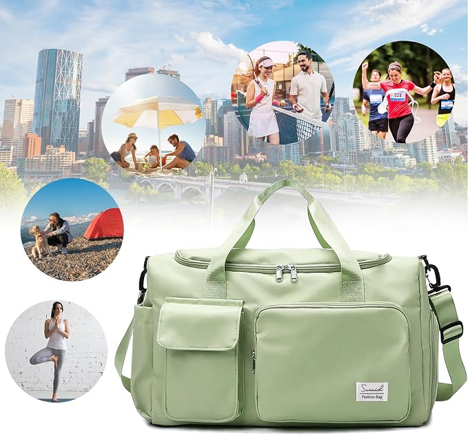 Suruid Travel Duffel Bag with Shoes Compartment Sports Gym Bag with Dry Wet Separated Pocket for Men and Women, Overnight Bag Weekender Bag Training Handbag Yoga Bag - Green