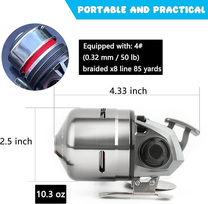 AMEYXGS MPX39 Bowfishing Reel for Archery Hungting Bow Fishing, Stainless Steel and Aluminium, Left/Right Reversible Handle, 3.875:1 Gear Ratio, Strong Line 4# 85 Yards 0.32mm/50lb