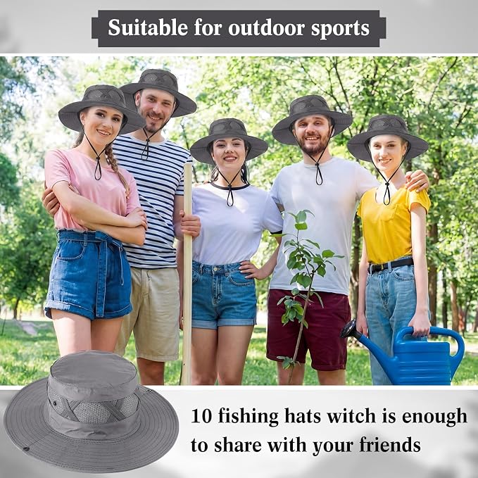 Xtinmee 10 Pcs Bucket Hat Bulk Safari Hat Wide Brim Boonie Hiking Fishing with Chin Strap for Women Men Adult Summer