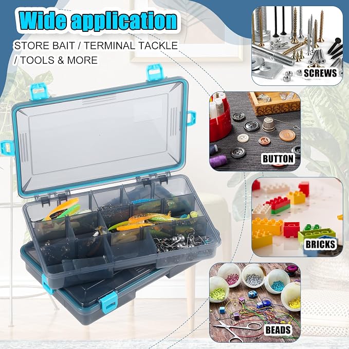 Wonderjune 12 Pack Fishing Tackle Boxes Waterproof 3600 and 3700 Tackle Trays with Removable Dividers Plastic Storage Organizer Bait Vault Camouflage Box for Freshwater Saltwater (Blue,3600)