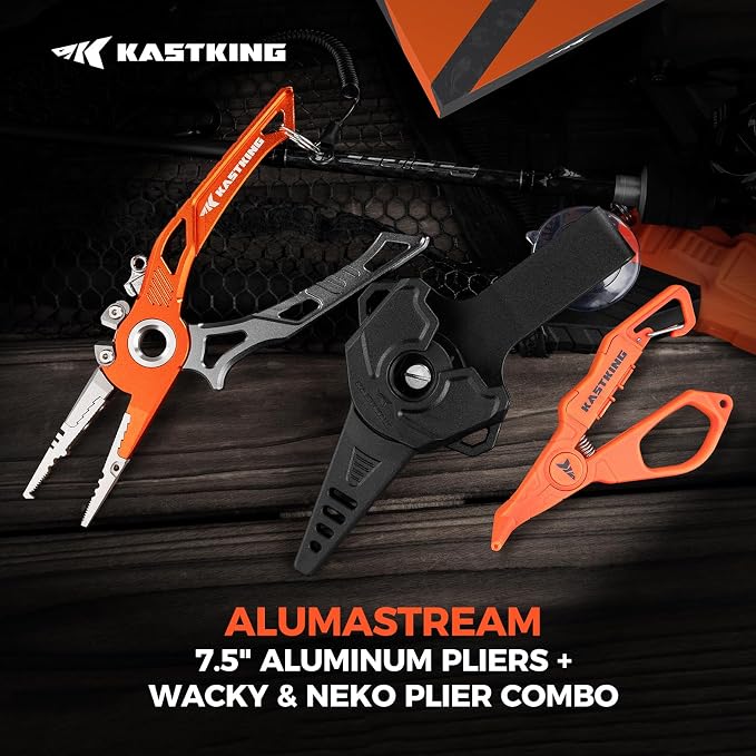 KastKing AlumaStream Finesse Fishing Tool Combo, 7.5” Aluminum Saltwater Fishing Pliers, Crossover Pliers, Wacky & Neko Rig Plier with O-Ring Storage, Fishing Tool Combo, Fishing Gifts for Men