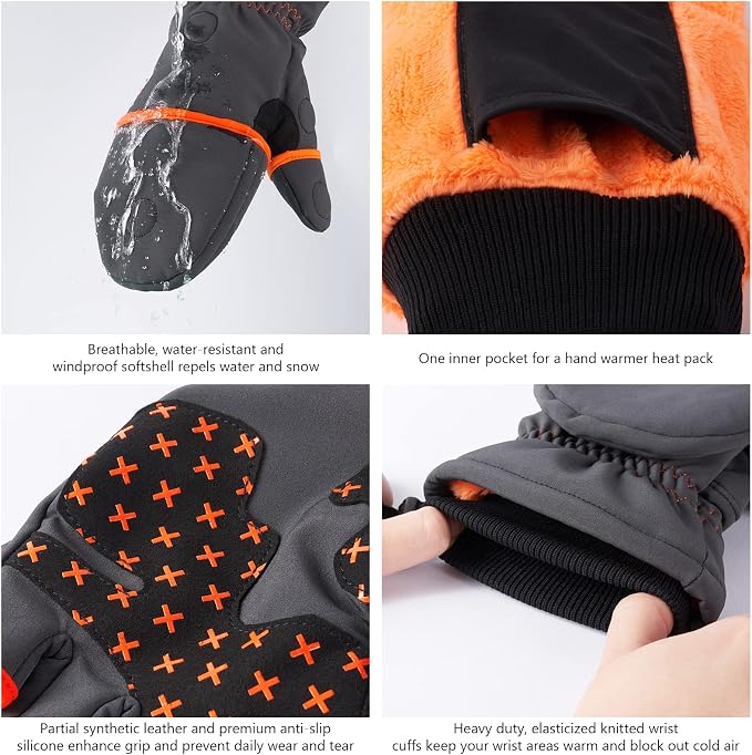 BASSDASH WinteFlex Insulated Ice Fishing Mittens Cold Weather Fingerless Gloves Water Resistant for Men Women Hunting