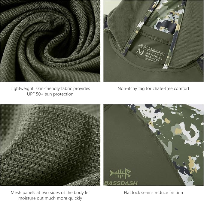 BASSDASH Men’s UPF 50 Performance Fishing Shirt Cooling Hoodie Camo Long Sleeve FS17M