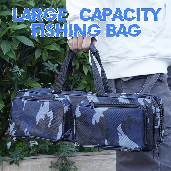 mouhike 17-inch Fishing Tackle Carrier Bag with 2 Front Storage Pockets for Telescopic Rod, Travel Large Capacity Carry Handbag for Collapsible Fishing Tool Accessory