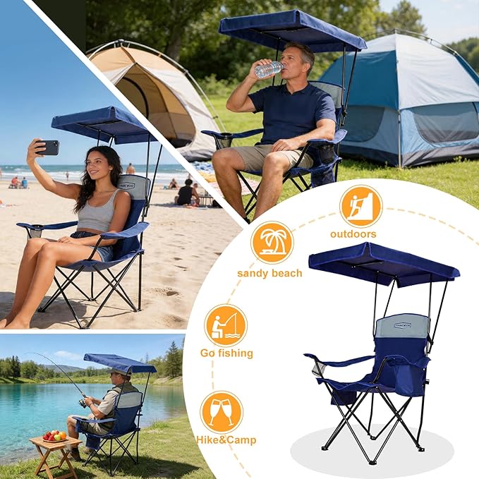 YOUNG WOOD Camping Chair with Canopy, Beach Chair with Shade Lightweight Oversized for All, Easy to Open and Close Without Installation, Side Pocket,Cooling Bag Design for All Activities,Deepblue